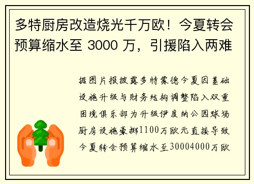 多特厨房改造烧光千万欧！今夏转会预算缩水至 3000 万，引援陷入两难困境